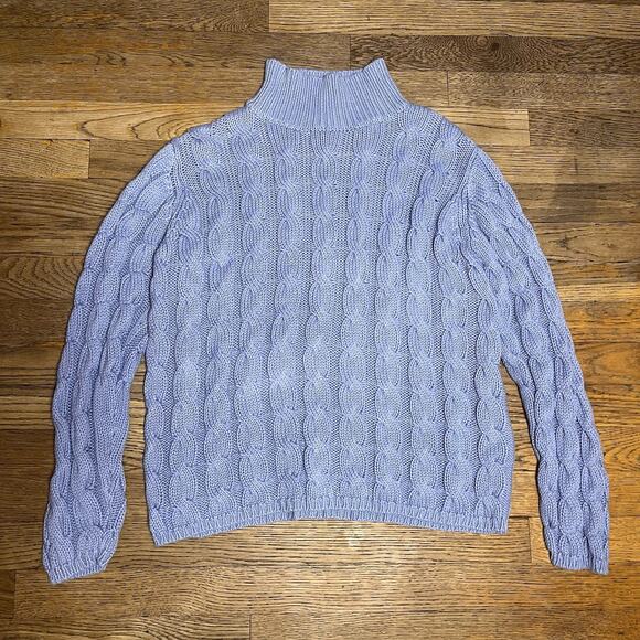 LL Bean Womens Sweater 100% Cotton Mock Neck Chunky Cable Knit Blue Medium - Picture 2 of 16